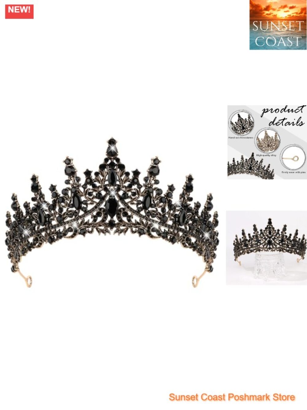 Gothic Baroque Tiara Crown with Black Rhinestones for Women Halloween Prom